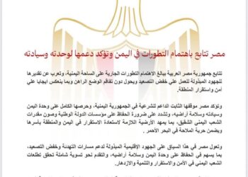 مصر تتابع باهتمام التطورات في اليمن وتؤكد دعمها لوحدته وسيادته