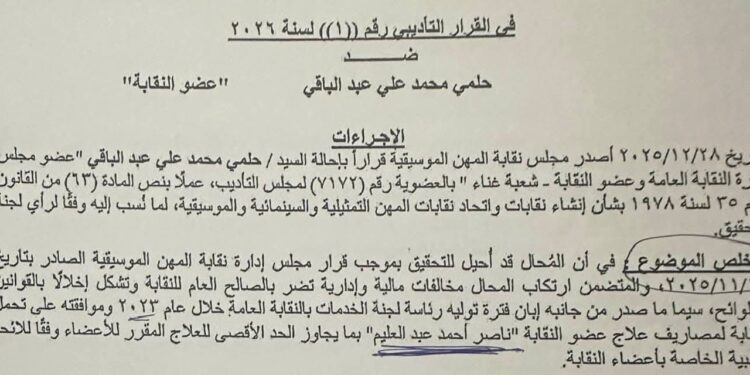 حلمي عبد الباقي ينشر قرار إحالته إلى مجلس التأديب: النية كانت مبيتة لشطبي من نقابة المهن الموسيقية